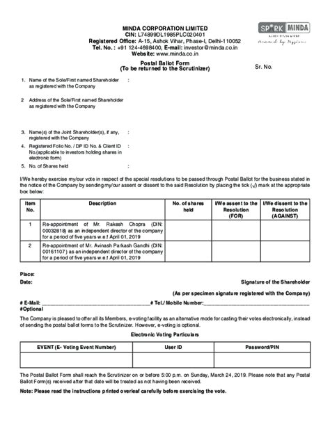 Fillable Online Essar Shipping Limited POSTAL BALLOT FORM Fax Email ...
