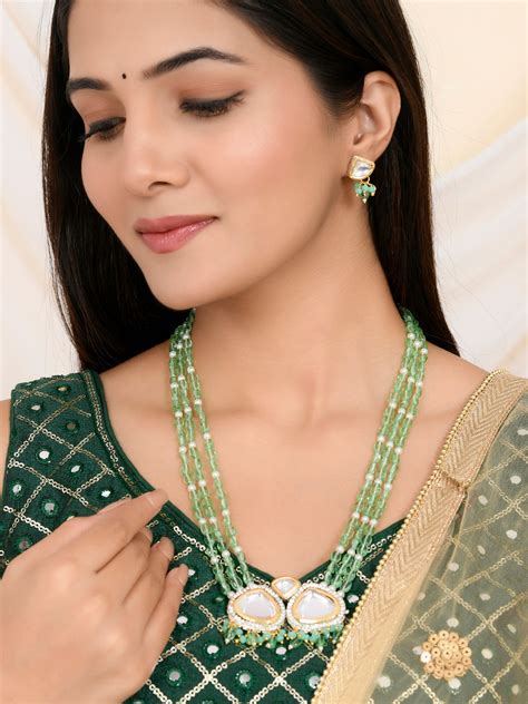 Buy Gold-Plated & Green Beaded Necklace and Earrings online ...