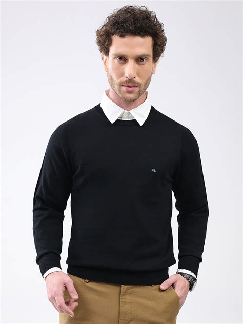 Buy Men Black Solid Round Neck Full Sleeve Pullover Online in India ...