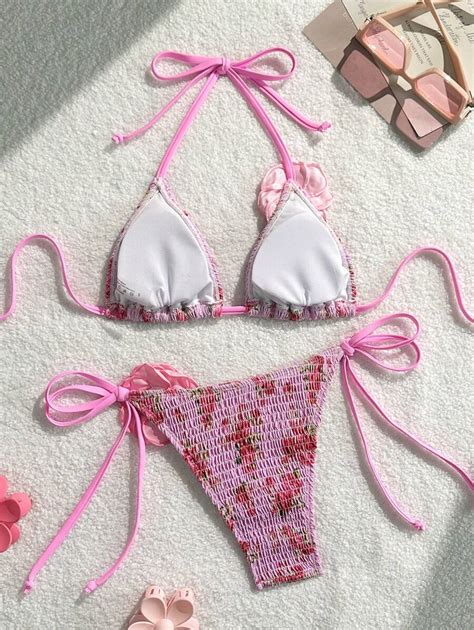 SHEIN Beach Summer Outfits For Women - 3D Floral Bikini With Shirred ...