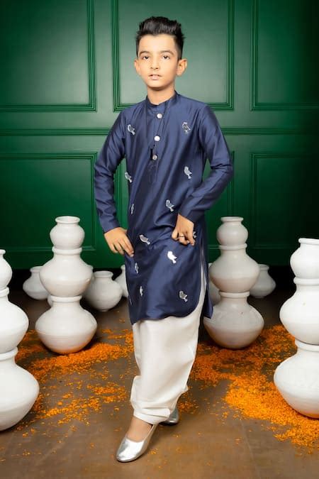 Buy Blue Silk Applique Panchi Kurta With Pant For Boys by Hoity Moppet ...