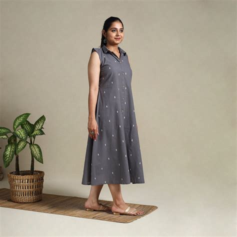 Grey Button Down Cotton Jacquard Dress
