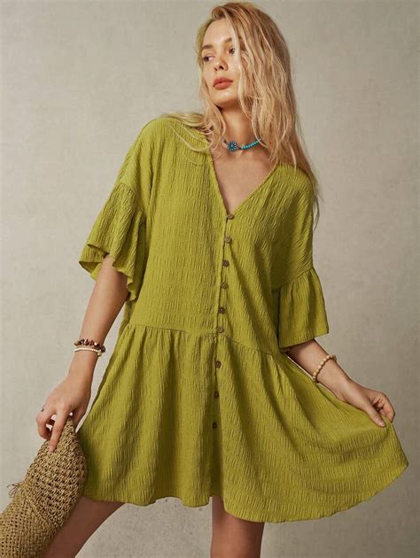 Bohemela Women's Solid Color V-Neck Dress With Ruffled Hem, Perfect For ...