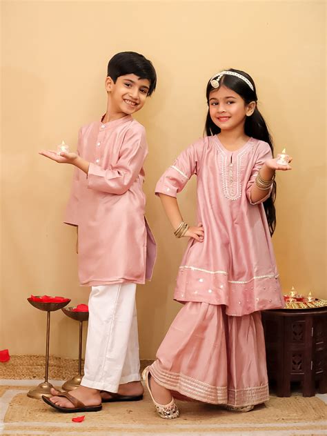 Ethnic Set - Ros√© Radiance Boys Silk Kurta Pajama Set with Girls ...