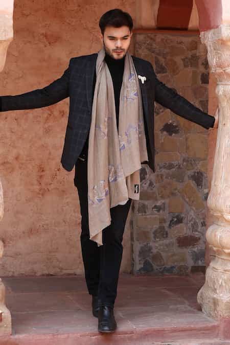 Buy Grey Embroidered Handwoven Cashmere Fine Wool Stone Work Stole For ...