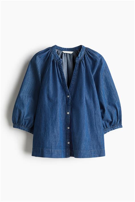 Balloon-sleeved denim blouse - Denim blue - Ladies | H&M GB