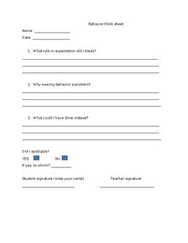 Image result for Behavior Think Sheet