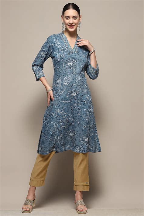 Blue Floral Printed Regular Fit Straight Kurta at Biba India
