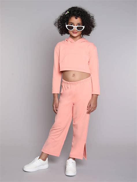 Shop Full Sleeves Crop Hoodie And Slit Detailed Pant Set-Peach Online ...