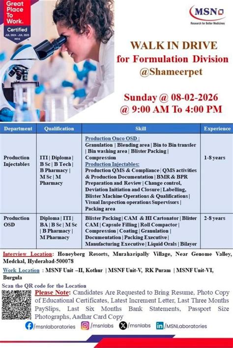 MSN Laboratories Pvt Ltd Hyderabad Walk-In Interview on 8th February ...