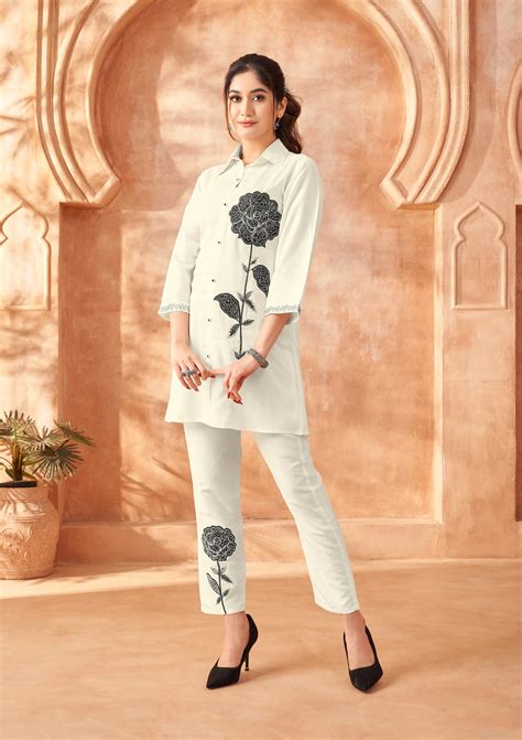 Off-White and Black Rose Embroidered Chinon Co-Ord Set with Lurex Deta ...