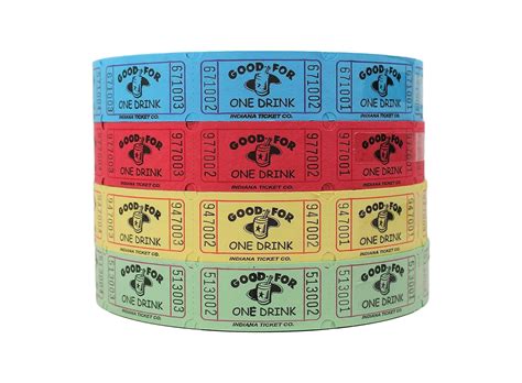 INDIANA TICKET CO. Drink Roll Tickets,1 Each of Red,Blue,Yellow & Green ...