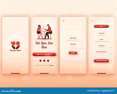 Set of UI, UX, GUI Screens Perfect Match or Dating App Including Create Account, Login, Sign Up ...