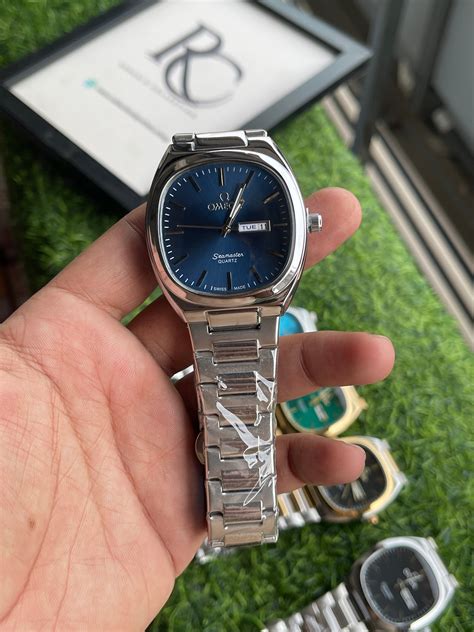 RC Omegaa Dark Blue Dial Quartz Watch with Silver Stainless Steel Chai ...