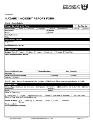 Fillable Online staff uow edu Hazard/Incident Report Form - University ...