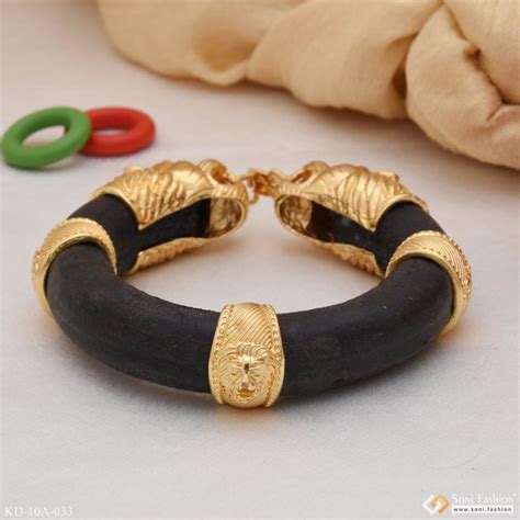 Lion Face - Brilliant Design Blackleather Genda Kada Gold Plated ...