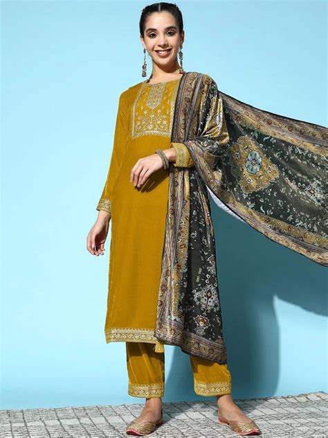 Buy Mustard Yoke Design Velvet Straight Kurta With Trousers & Dupatta ...