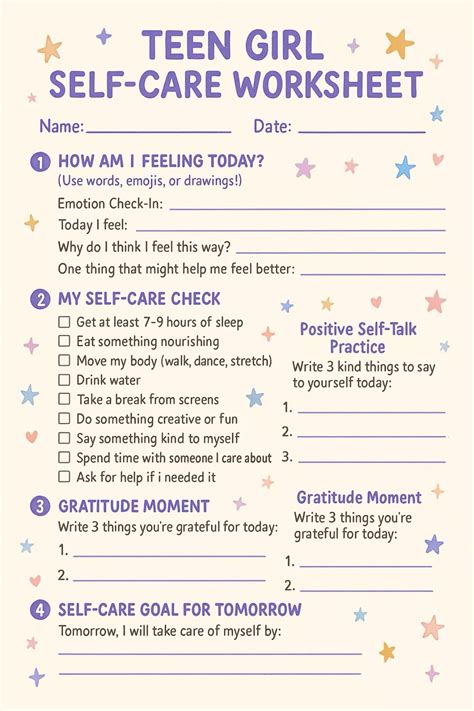 Teen girl self care worksheet printable mental wellness tool – Artofit
