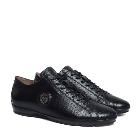 Black Snake Skin Textured Genuine Leather Light Weight Sneakers by Bru