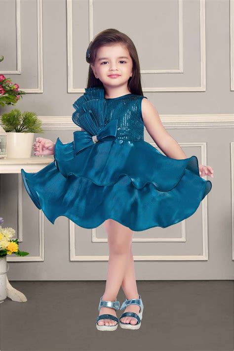 Teal Blue Frock With Bow Embellished And Sequin For Girls – Lagorii Kids