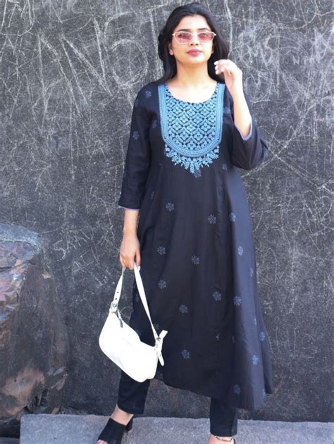 Black Rayon Lucknowi Chikankari Embroidered A-Line Kurta – Saffron Threads