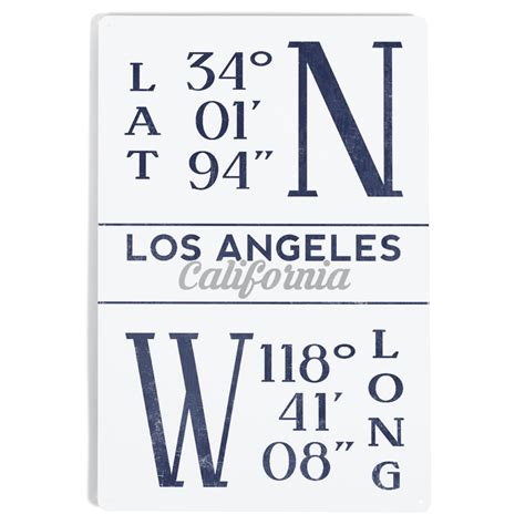 Los Angeles, California, Latitude and Longitude (Blue) (12x18 Aluminum ...