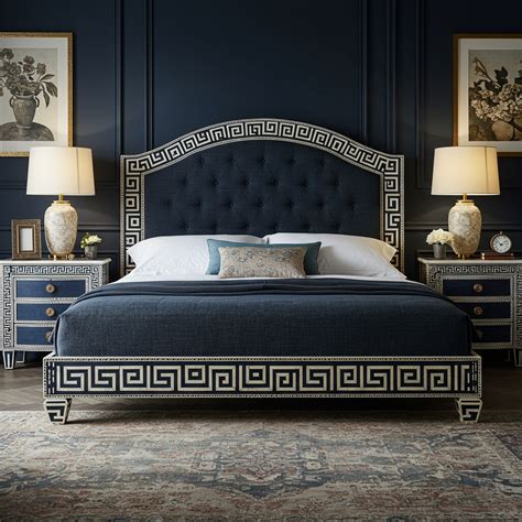 Luxury Blue Upholstered King Bed with Greek Key Design – Menthome India