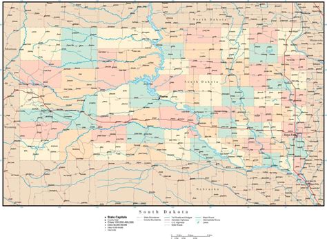 South Dakota Adobe Illustrator Map with Counties, Cities, County Seats ...