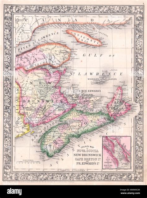 . English: A beautiful example of S. A. Mitchell Jr.’s 1864 map of Canadian Maritime Provinces ...