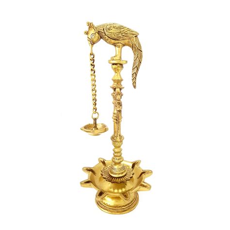 Brass Ethnic Design Parrot Holding Deepak with 9 Oil Wick Diya Base, G ...