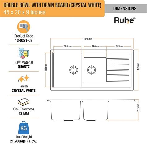 Ruhe Quartz Double Bowl with Drainboard Kitchen Sink (45 x 20 x 9 ...