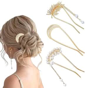 MAYCREATE® 3Pcs Hair Bun Maker U Pins, Rhinestone Sparkling Tassel Hair ...