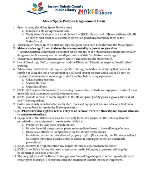 Fillable Online MakerSpace Policies & Agreement Form Fax Email Print ...