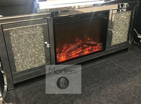 Buy Mirrored and crushed diamond TV unit with built in fireplace ...