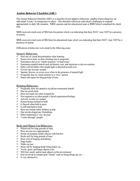 Abcautismbehaviorchecklist - Autism Behavior Checklist (ABC) The Autism ...