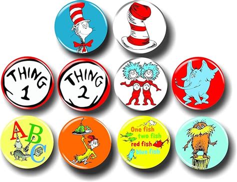 Dr Seuss Buttons Pins 1.25" Set of 10 Collectible Pinback Characters ...