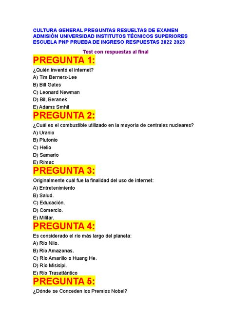 Pronabec- Cultura General Preguntas Resueltas DE Examen Admisión ...