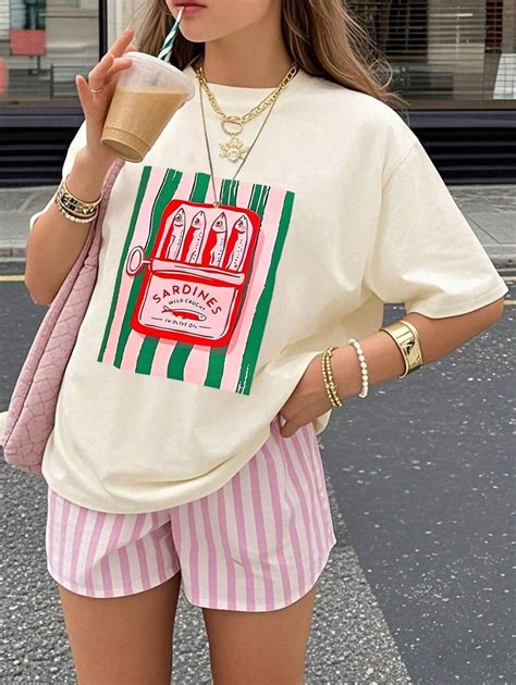 Teen Girl Casual Round Neck T-Shirt With Funny Sardine & Letter Graphic ...