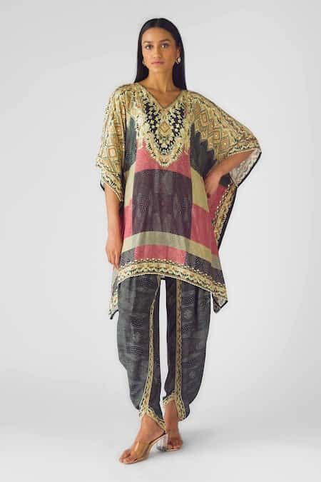 Buy Black Muslin Printed Geometric V Neck Kaftan And Dhoti Pant Set For ...