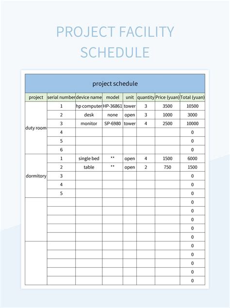 Project Facility Schedule Excel Template And Google Sheets File For ...