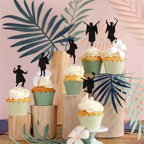 12/24Pcs 2025 Graduation Cupcake Toppers Black Glitter Class Of 2025 ...