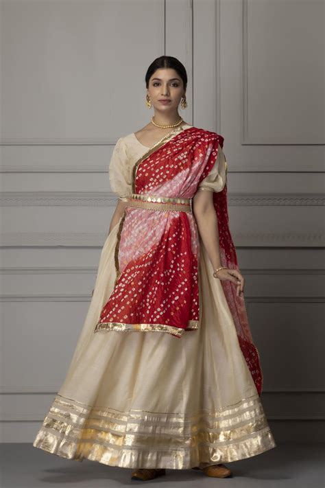 Off White Handcrafted Chanderi Lehenga Set with Gota Work and Intricat ...