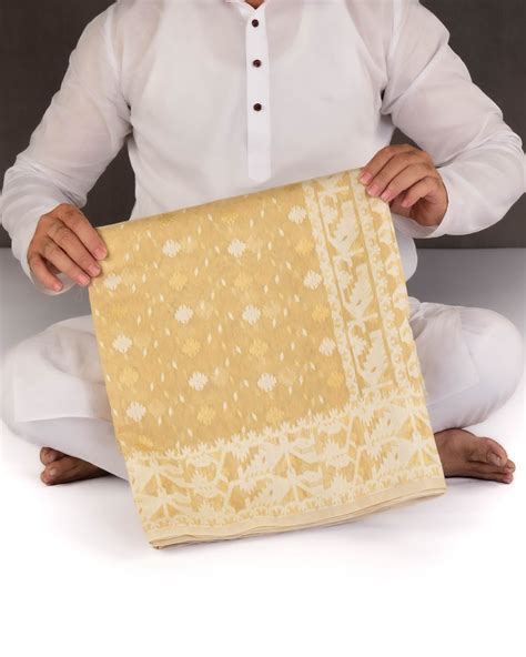 Beige Alfi Banarasi Dhakai Buti Cutwork Brocade Woven Cotton Silk Sare