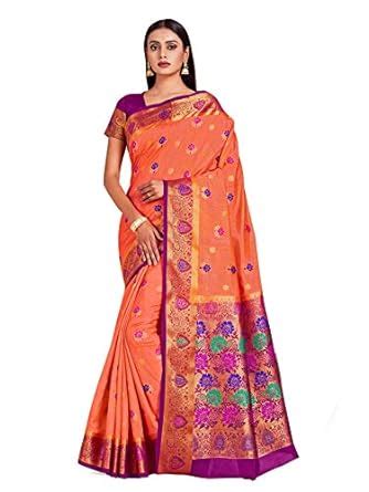 MIMOSA Women Dharmavaram Style Art Silk Saree Color : Orange (4725-2704 ...