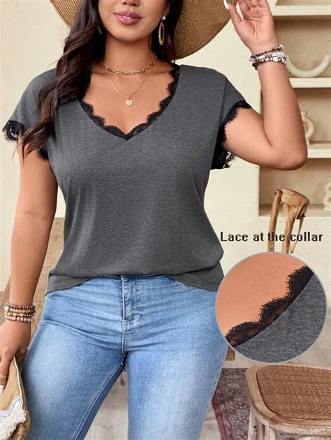 Weeklong Plus Size Women V-Neck Short Sleeve Lace Flower Casual Loose T ...