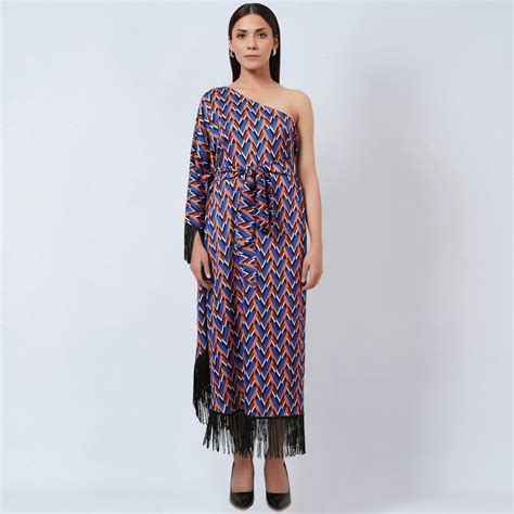 Blue and Mustard One-Shoulder Geometric Print Dress – First Resort by ...