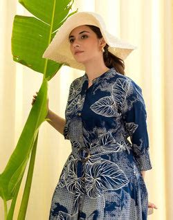 Navy Blue Botanical Print Cotton Silk Kurti With Belt – South India ...