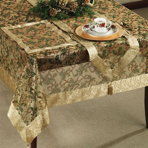 Holly Ribbon Tablecloth Gold | Christmas table linen, Holiday table ...