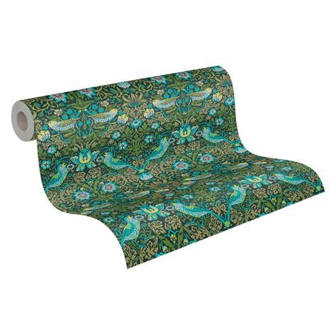 non-woven wallpaper with flower pattern green blue - wallpaper with ...