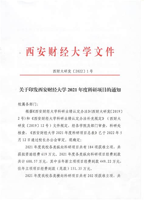 关于印发西安财经大学2021年度科研项目的通知-科研处